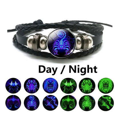 Men’s Zodiac Sign Leather Bracelet | 12 Constellation Black Braided Wrap | Punk Style Multilayer Bracelet for Birthday Gifts