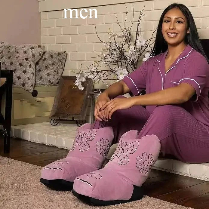 Cowboy Boot Slippers - Plush Western-Style Fuzzy House Boots for Adults