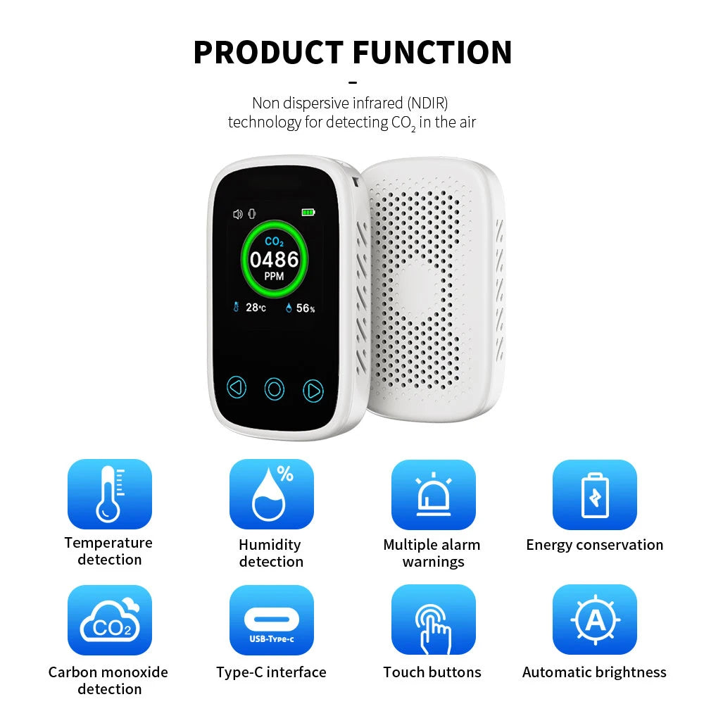 3-in-1 Air Quality Monitor - CO2, CO, Temperature & Humidity Meter with NDIR Sensor, LCD Display & Alarm
