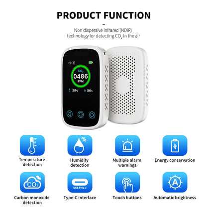 3-in-1 Air Quality Monitor - CO2, CO, Temperature & Humidity Meter with NDIR Sensor, LCD Display & Alarm