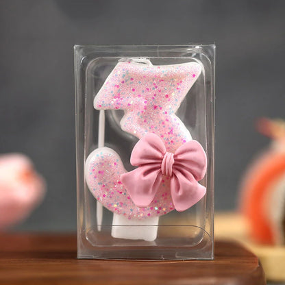 Glitter Pink 3D Number Cake Candles with Bow - Digital Cake Toppers for Birthday & Memorial Day Celebrations