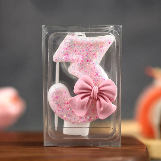 Glitter Pink 3D Number Cake Candles with Bow - Digital Cake Toppers for Birthday & Memorial Day Celebrations