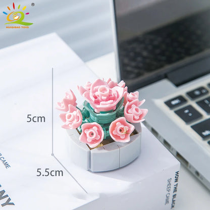 HUIQIBAO MOC Flower & Succulent Potted Building Block Set – DIY Eternal Bouquet, Home Desk Plant Decor, Girls & Kids Toy Gift
