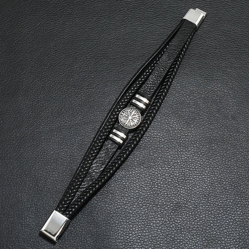 Fashion Men’s Multi-Layer Braided Leather Bracelet – Scripture, Compass & Evil Eye Design