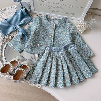 Girls' French Style Spring & Autumn Set 2025 – Baby Girl Two-Piece Outfit with Little Coat & Folding Skirt