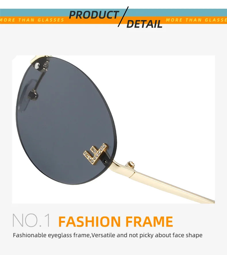 Diamond Letter "F" Rimless Sunglasses | Women’s Luxury Metal Frame Black Oval UV400 Shades