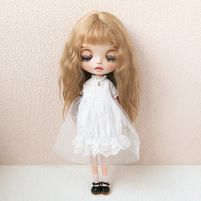 Blythe Doll Clothes Plaid Pleated Skirt & Off-Shoulder Top Tulle Dress Set — Ruffle Skirt for Licca, Azone, OB22, YMY Doll Accessories