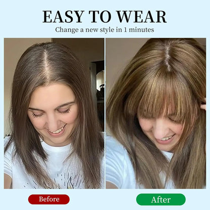 12 Inch Real Human Hair Topper with Bangs – Ombre Light Brown Silk Lace Base, 3-Clip Hair Extension for Women