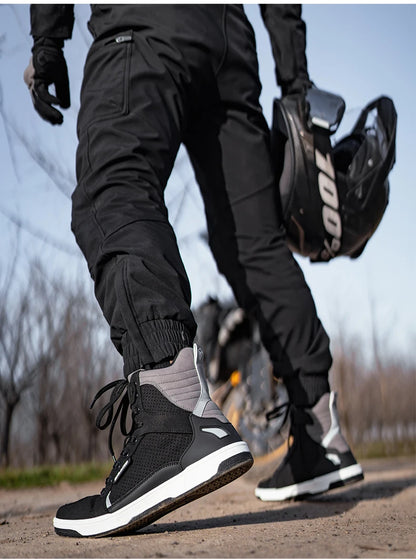 Men’s Motorcycle Boots - Breathable Anti-Fall, Road Racing Rider Shoes with Gear Shift Rubber Sole, Reflective Motorbike Boots