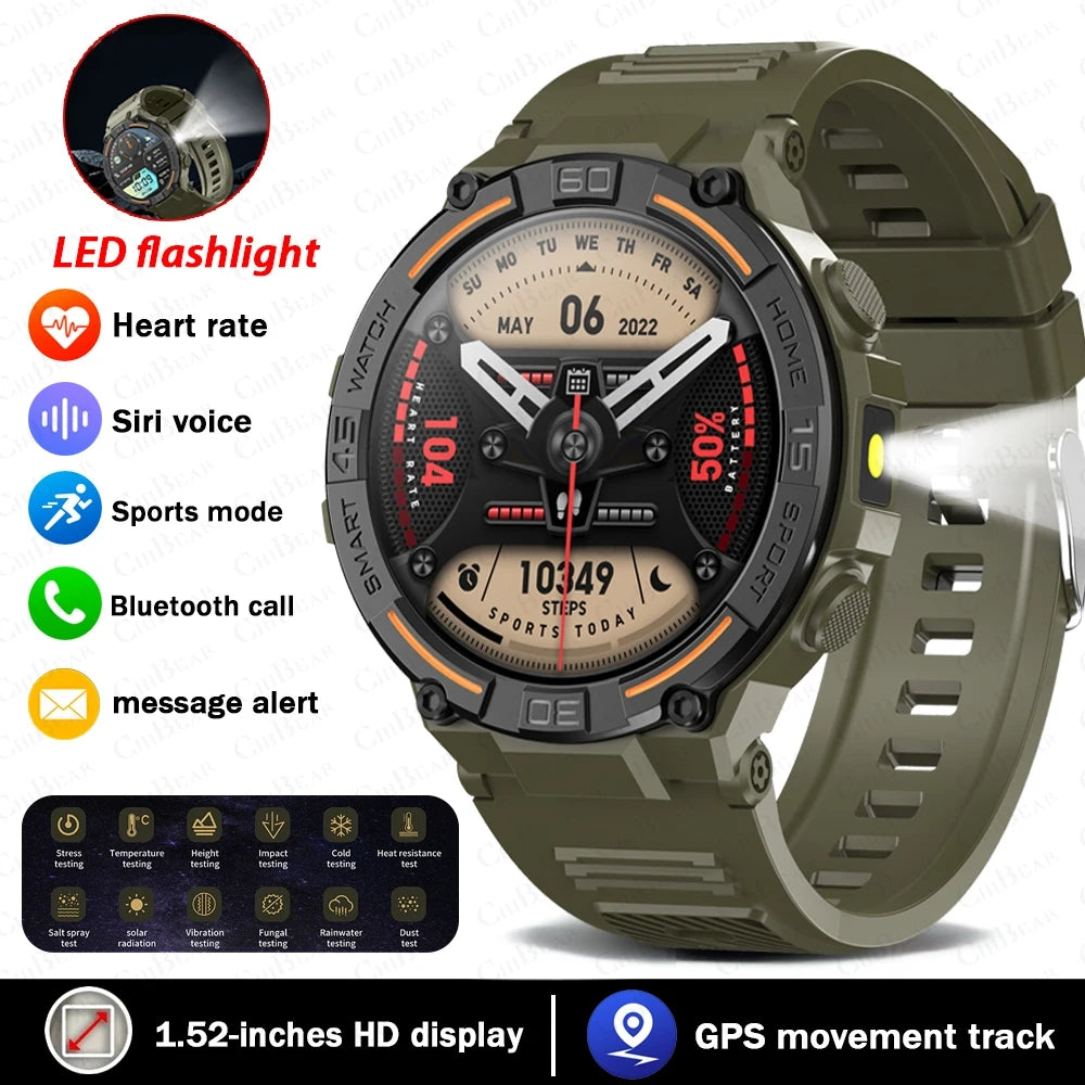 Military Smartwatch for Men – 360x360 HD Screen, Flashlight, Heart Rate, Health Monitor, Waterproof, BT Call for Android & iOS