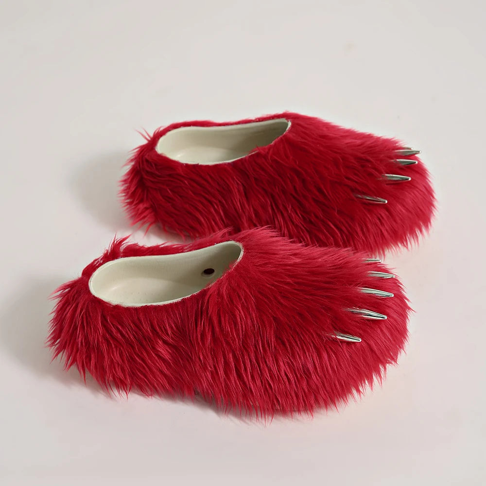 Bear Claw Plush Mules - Customizable Soft Summer Slides with Logo for Comfortable Casual Wear