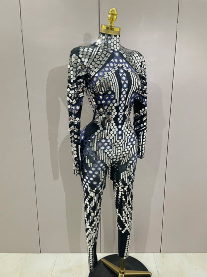 Sexy Shiny Silver Sequin & Black Spandex Jumpsuit — 2025 Women’s Prom, Dancer & Stage Performance Costume
