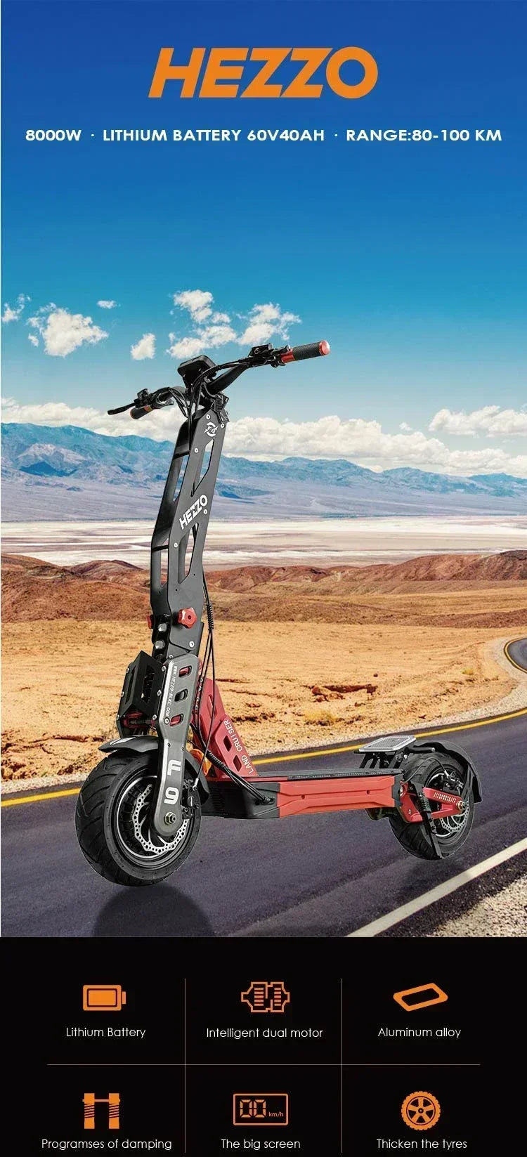 F9 Electric Scooter HEZZO – 60V 8000W Dual Motor, 40AH Lithium Battery, 100km/h, 12-Inch Fat Tires