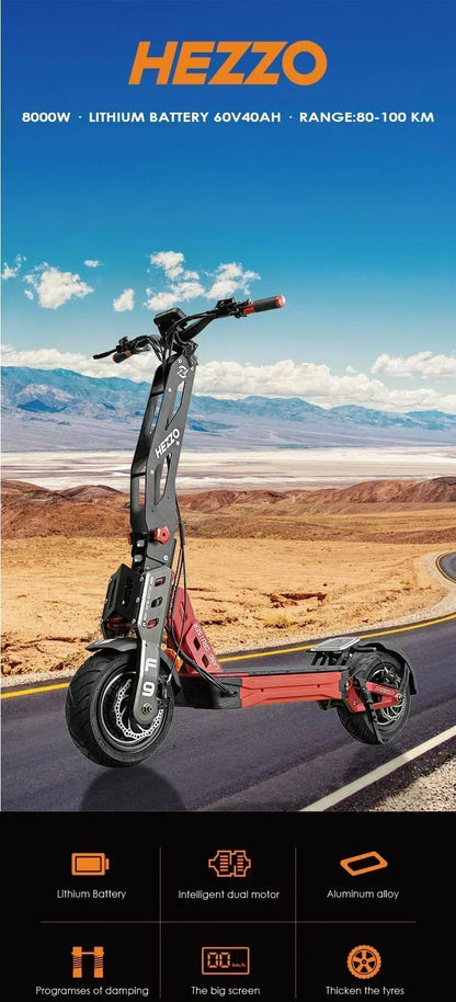 F9 Electric Scooter HEZZO – 60V 8000W Dual Motor, 40AH Lithium Battery, 100km/h, 12-Inch Fat Tires