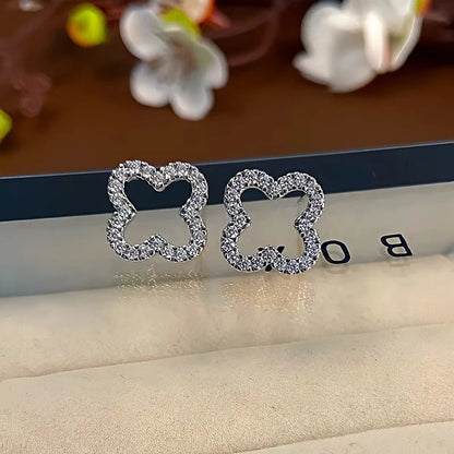 Women’s Leaf Hollow Zircon Stud Earrings – Elegant Triple Flower Fashion Jewelry for Party & Gift