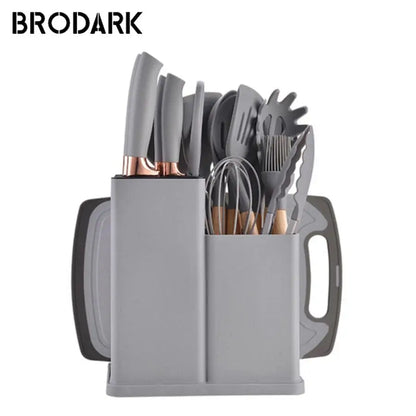 19-Piece Food Grade Silicone Kitchenware Set – Cooking Spoon, Shovel, Cutting Board, Fruit Knife & Chef Knife
