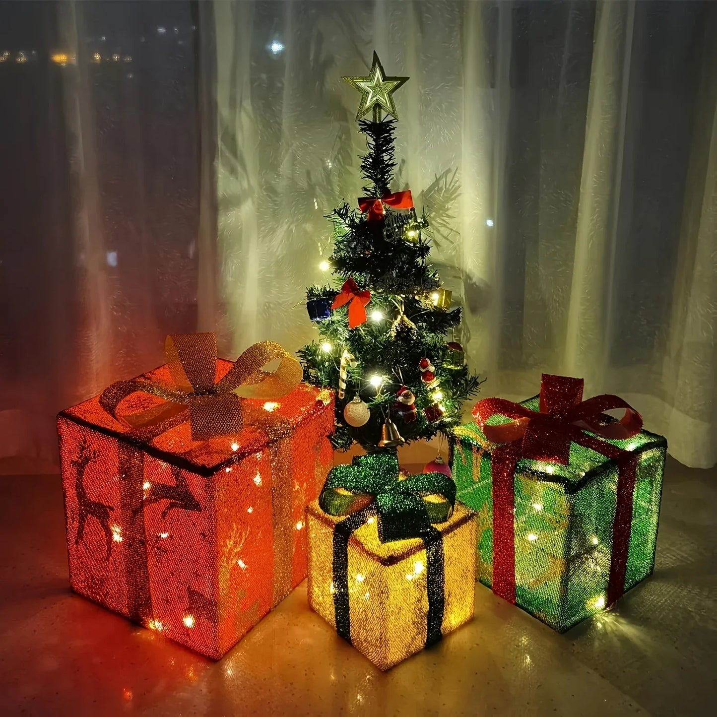 3-Piece Christmas LED Gift Box Set - Warm White Holiday Decoration (No Batteries Included)