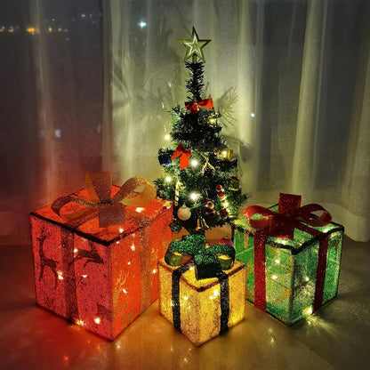 3-Piece Christmas LED Gift Box Set - Warm White Holiday Decoration (No Batteries Included)