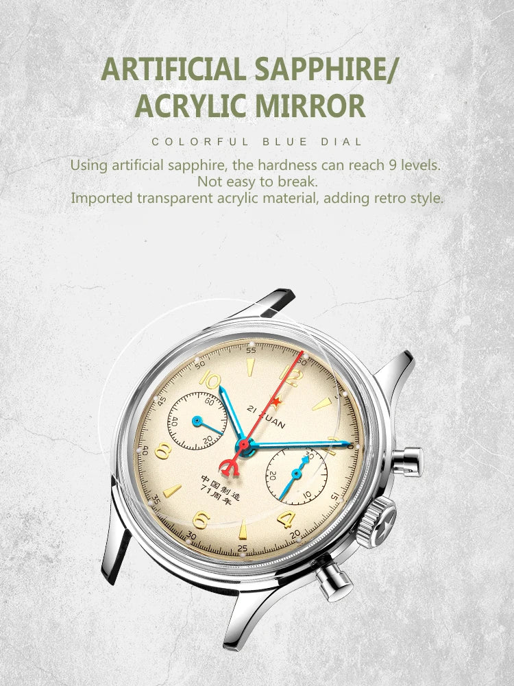 RED STAR 38mm Men's 1963 Chronograph Mechanical Watch – Pilot Air Force Aviation with Seagull ST1901 Movement & Sapphire Glass