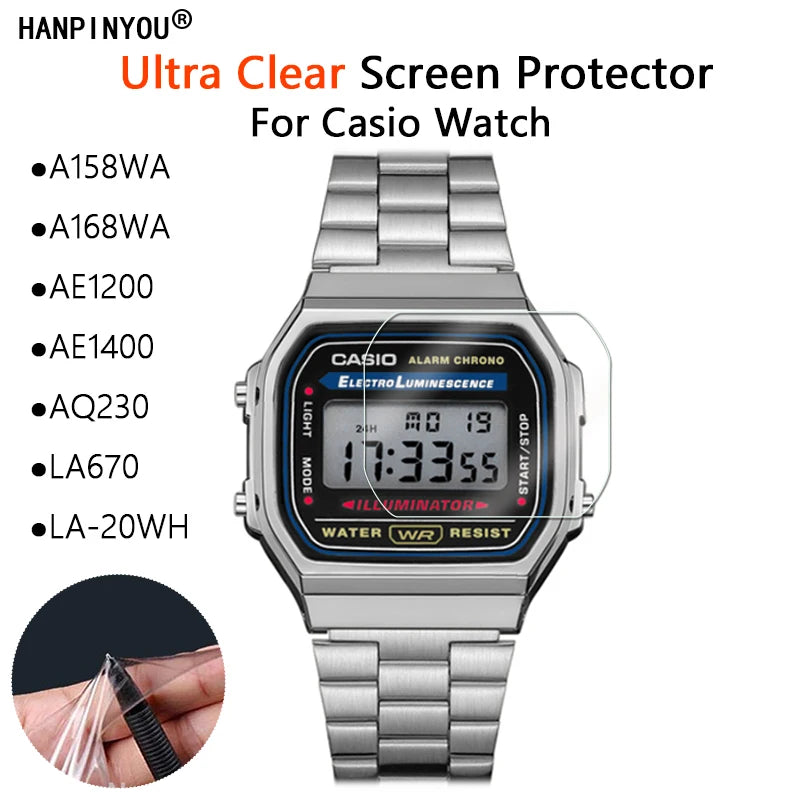 Clear Soft Film Screen Protector for Casio A158WA A168WA AE-1200 AE-1400 AQ-230 LA-670 W-800H B650WC B640WC - Flexible Non-Glass Watch Screen Guard