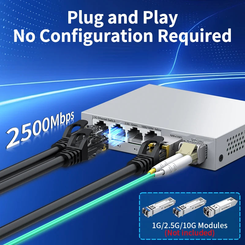 HORACO 2.5Gb Ethernet Switch - 4-Port 2.5G RJ45 with 2-Port 10G SFP+ Fanless Unmanaged Network Switch