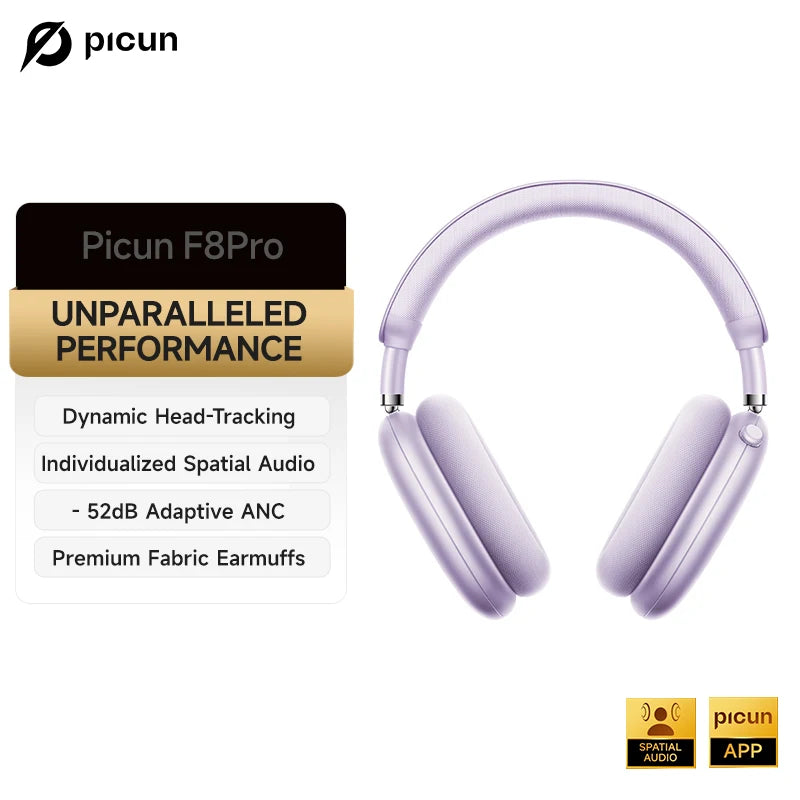 Picun F8 Pro ANC Wireless Headphones - 3D Spatial Audio Bluetooth Headset with HD Mic & Low Latency App Support