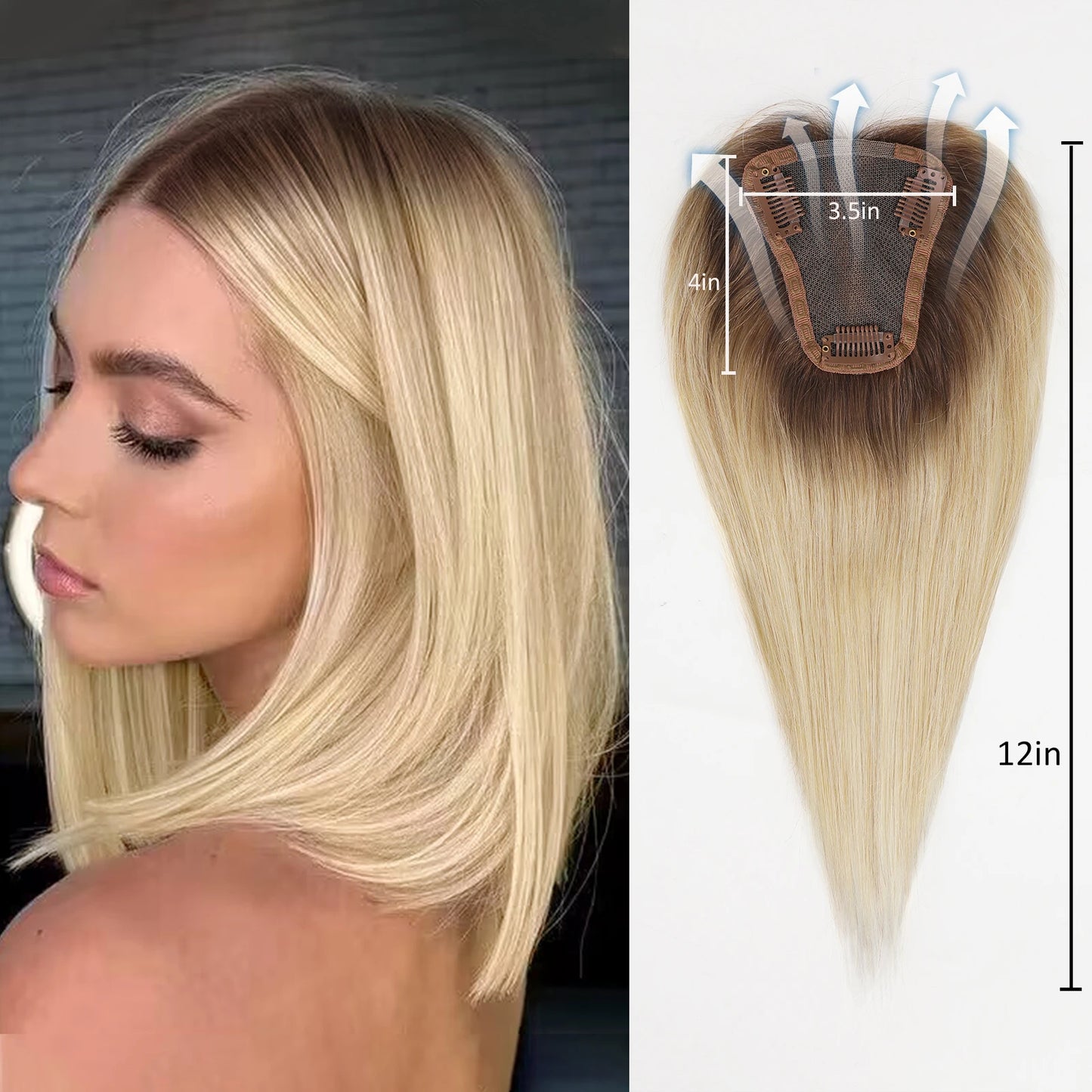 Blonde Brown Ombre Hair Topper – 100% Remy Human Hair, 12" Silk Base, 150% Density, 3-Clip Hairpiece for Women