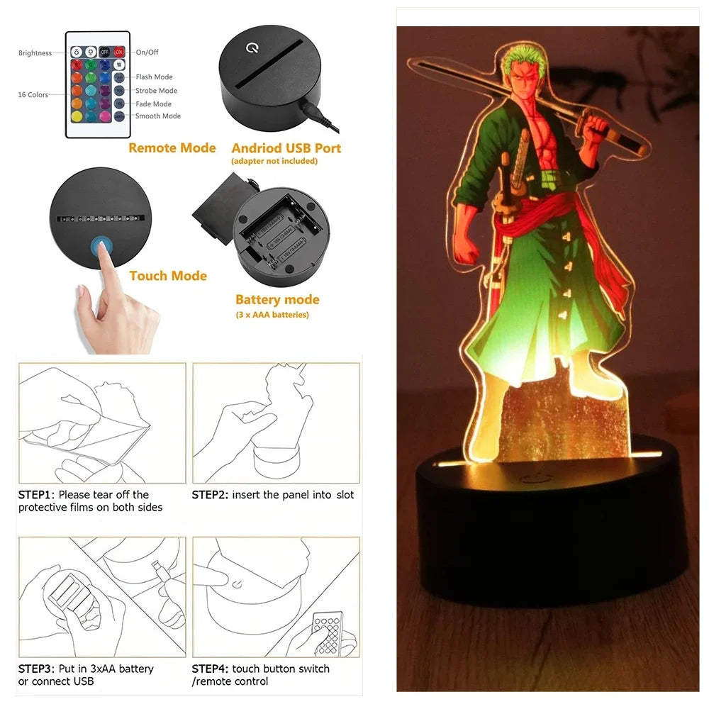 One Piece Luffy Zoro Action Figures 3D LED Lamp – Anime PVC Model Toy Night Light for Kids & Christmas Gift