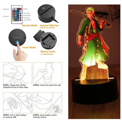 One Piece Luffy Zoro Action Figures 3D LED Lamp – Anime PVC Model Toy Night Light for Kids & Christmas Gift