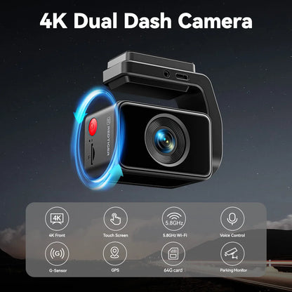 REDTIGER A4 4K Dash Cam Front & Rear – GPS, 5G WiFi, Touch Screen, Night Vision, 24H Parking Mode & Voice Control Drive Recorder