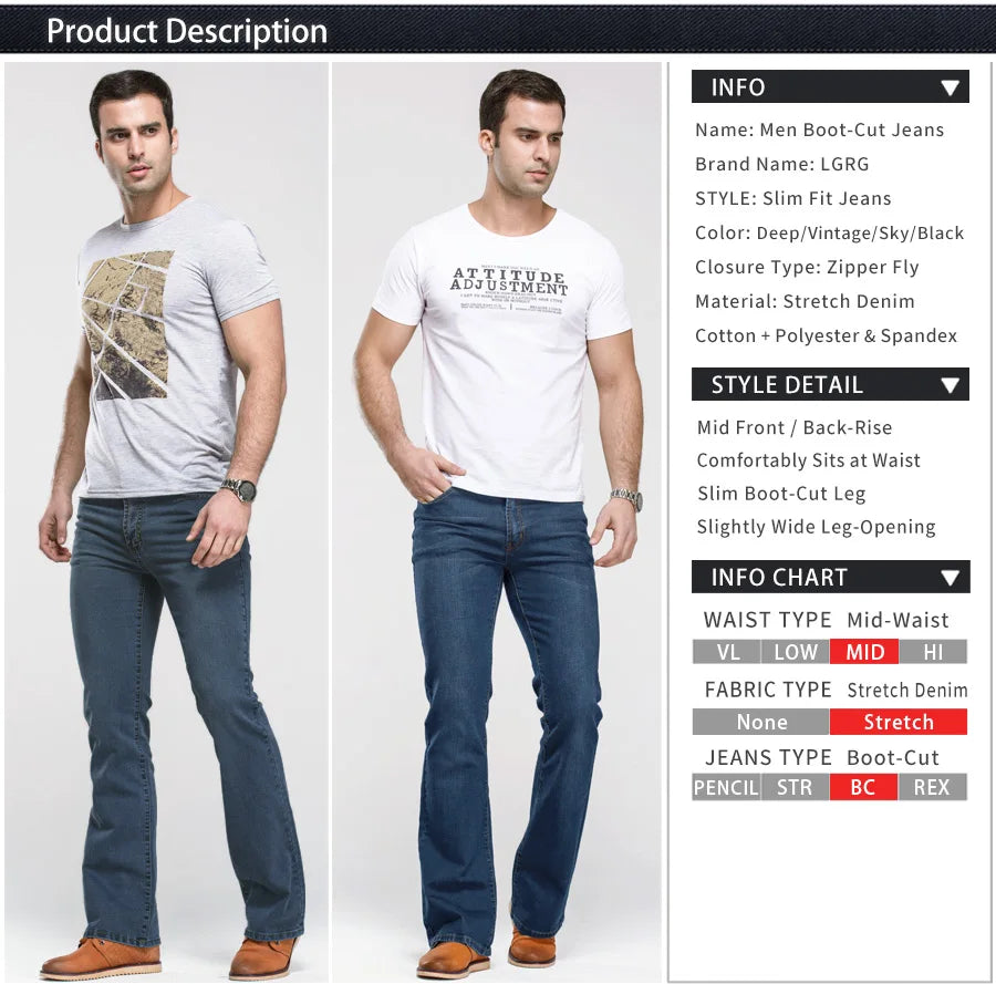 Men’s Bootcut Jeans — Slim Fit Stretch Denim Pants Slightly Flared Classic Designer Trousers Blue Black