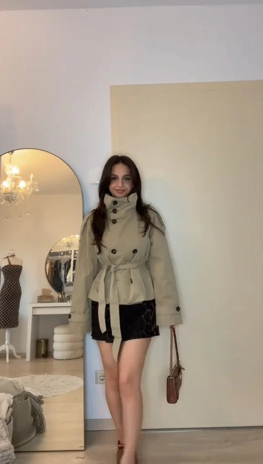 Women’s Belted Cropped Trench Jacket, Double-Breasted Stand Collar Coat – Chic Vintage Casual Fall 2025 Outerwear