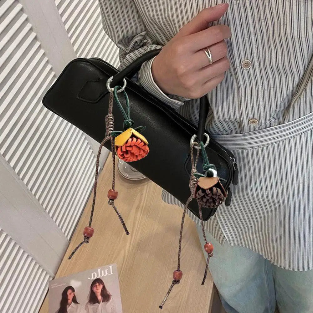 Handmade Pinecone Flower Ball Bag Charm – Cute Tassel Rope Keychain Pendant for Purses & Handbags