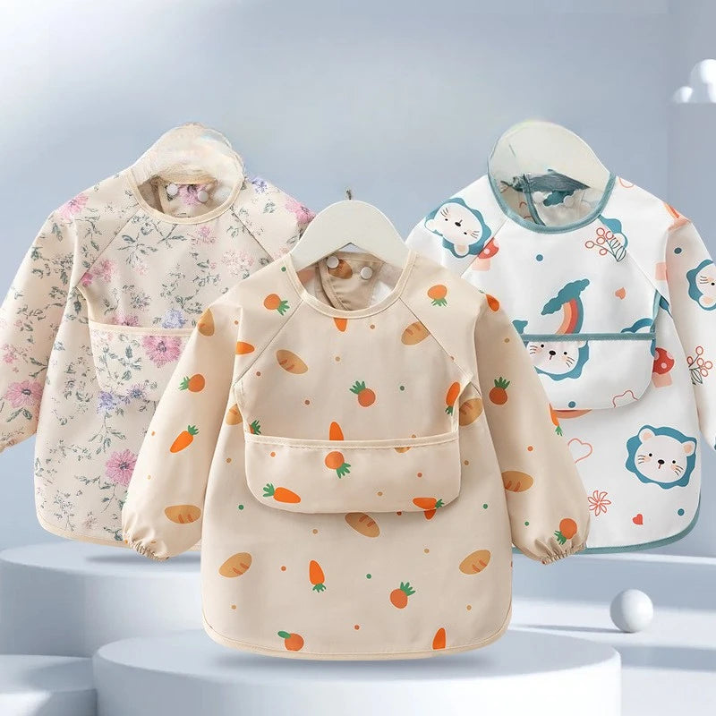 Waterproof Long Sleeve Baby Feeding Bib - Toddler Apron Smock with Food Catcher Pocket for Mess-Free Mealtime