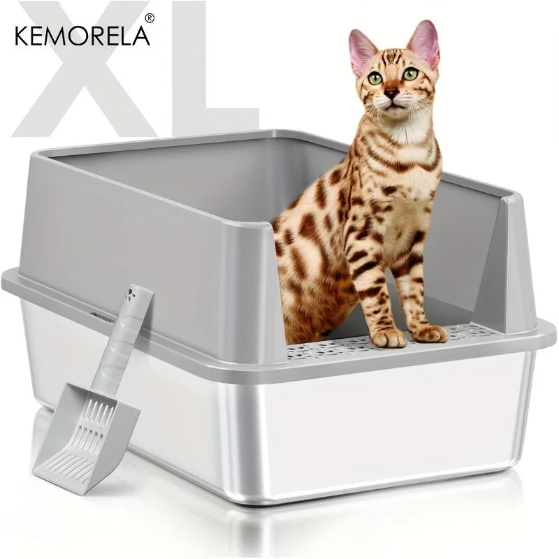 Super Large XL Stainless Steel Cat Litter Box with Lid – High Side Closed Design for Large & Small Cats, Includes Scoop