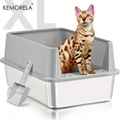 Super Large XL Stainless Steel Cat Litter Box with Lid – High Side Closed Design for Large & Small Cats, Includes Scoop