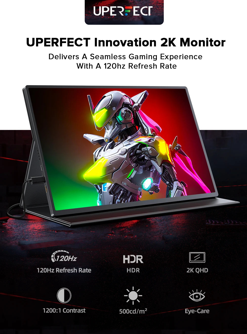 UPERFECT 16-Inch 2K Portable Monitor — 2560x1600, 16:10, 120Hz Gaming Display with 100% sRGB & 500Cd/m² for Xbox, PS5, Switch, Laptop & Mac