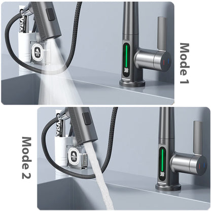 Waterfall Temperature Digital Display Basin Faucet | Lift Up Down Stream Sprayer | Hot Cold Water Sink Mixer Wash Tap | Bathroom Fixture