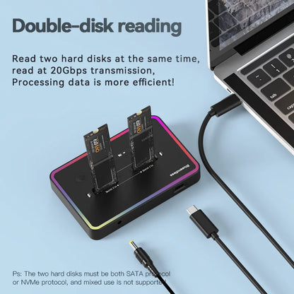 Blueendless M.2 SSD Dual Protocol Docking Station – 2-Bay PCIe NVMe Enclosure with Type-C, 10Gbps, RGB Light