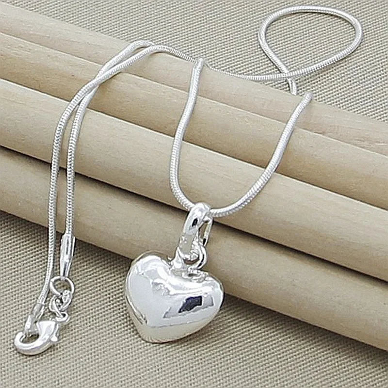 Fine 925 Sterling Silver Solid Heart Necklace — 18–24 Inch Snake Chain for Women, Wedding Charm, Luxury Fashion Jewelry