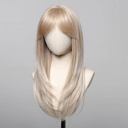 ALAN EATON Blonde Layered Synthetic Wig with Bangs – Long Straight Heat-Resistant Wig for Women & Girls, Natural Daily Hair