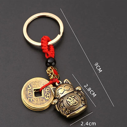 Vintage Lucky Cat Keychain - Handmade Feng Shui Five Emperors Coins Lucky Key Ring for Car Keys