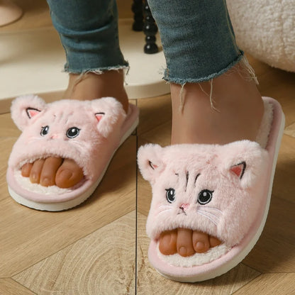 Cute Cat Plush Flip Flops - Warm Fuzzy Cartoon Animal Indoor House Slippers