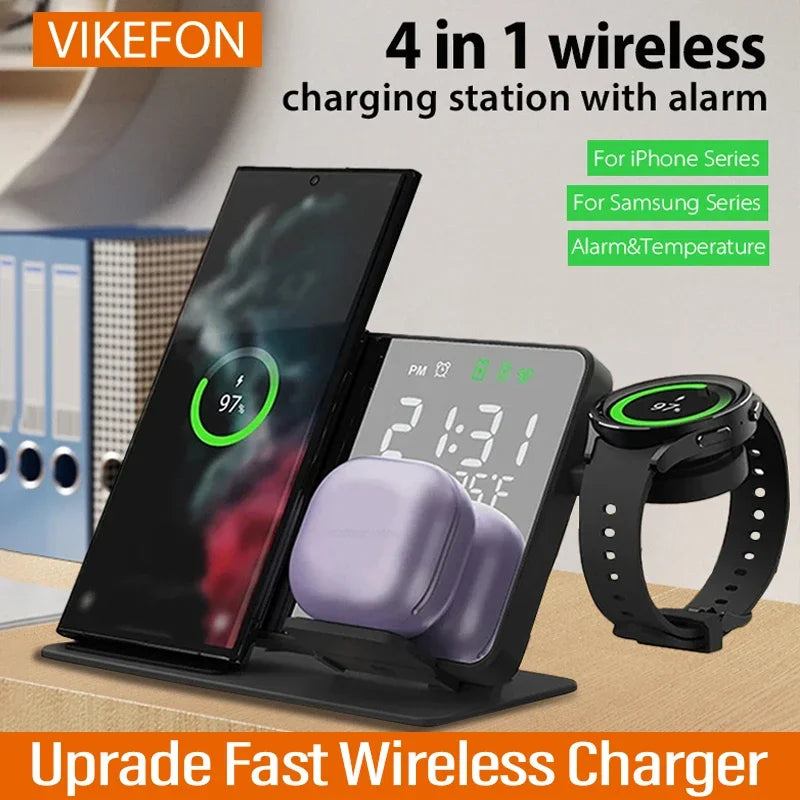 3-in-1 Wireless Charger Station - Fast Charging Stand for Samsung Galaxy Watch 6/5 Pro, Galaxy S24/S23/S22 with Alarm Clock Display
