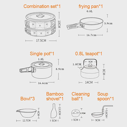 Camping Cookware Set — Non-Stick Cooking Pots, Teapot & Travel Tableware for 2-3 People, Outdoor Picnic Set