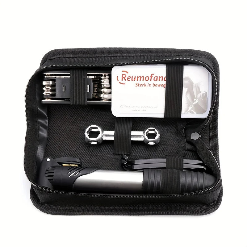 Multifunctional Bicycle Repair Kit – Pump, Tire Patch, Lever & Tools for Road Bike Maintenance