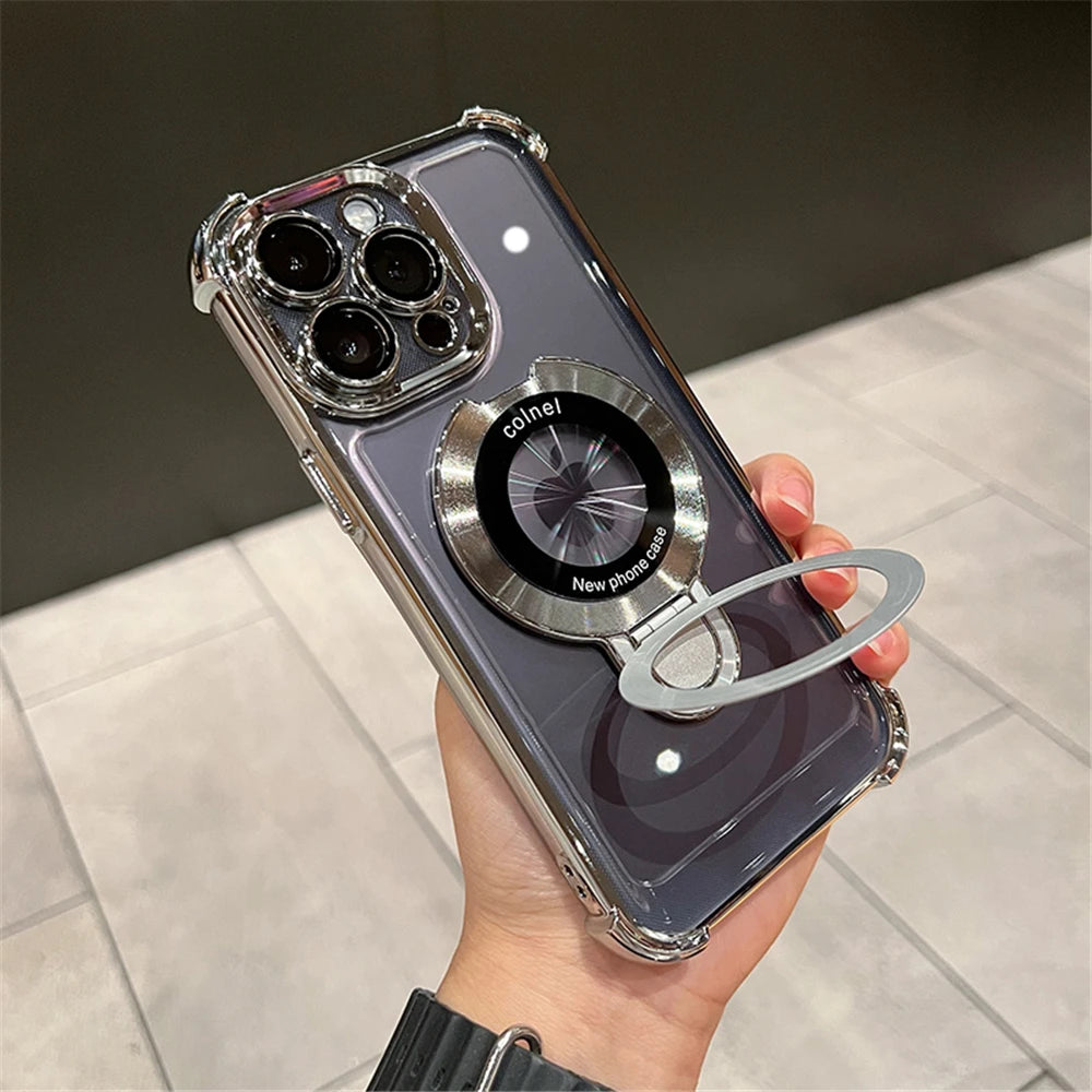 Luxury Plated Shockproof Magnetic Bracket for MagSafe – Clear Case with Stand Holder for iPhone 15, 16, 14, 13, 12, 11 Pro Max