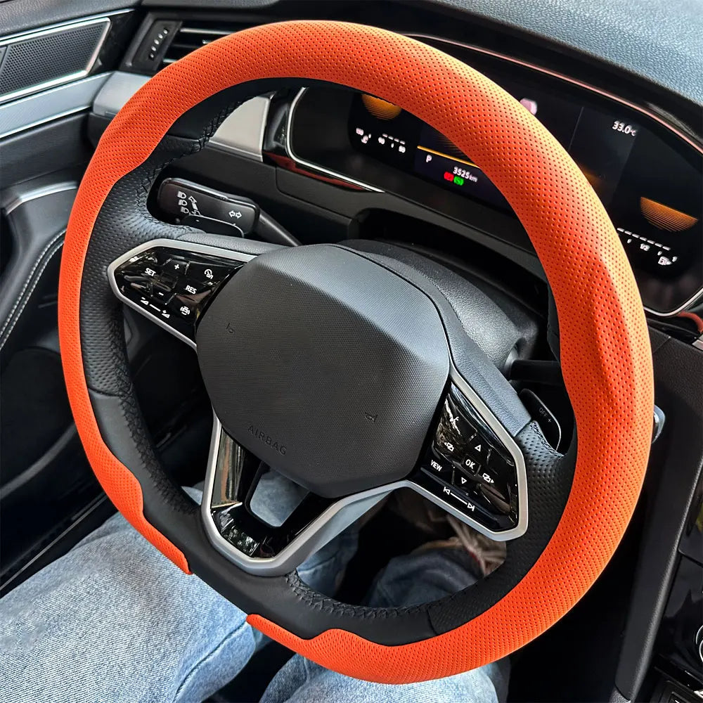 Universal Leather Steering Wheel Cover - Non-Slip Breathable Protector for 36-38cm Car Steering Wheels