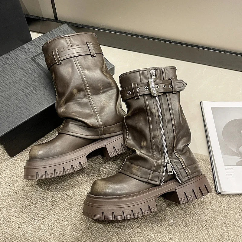 2023 New Women's Mid-Calf Boots – Fashion Belt Buckle, Side Zipper, Round Toe, High Quality