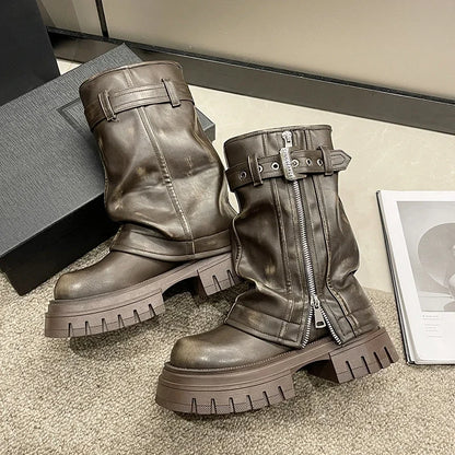 2023 New Women's Mid-Calf Boots – Fashion Belt Buckle, Side Zipper, Round Toe, High Quality